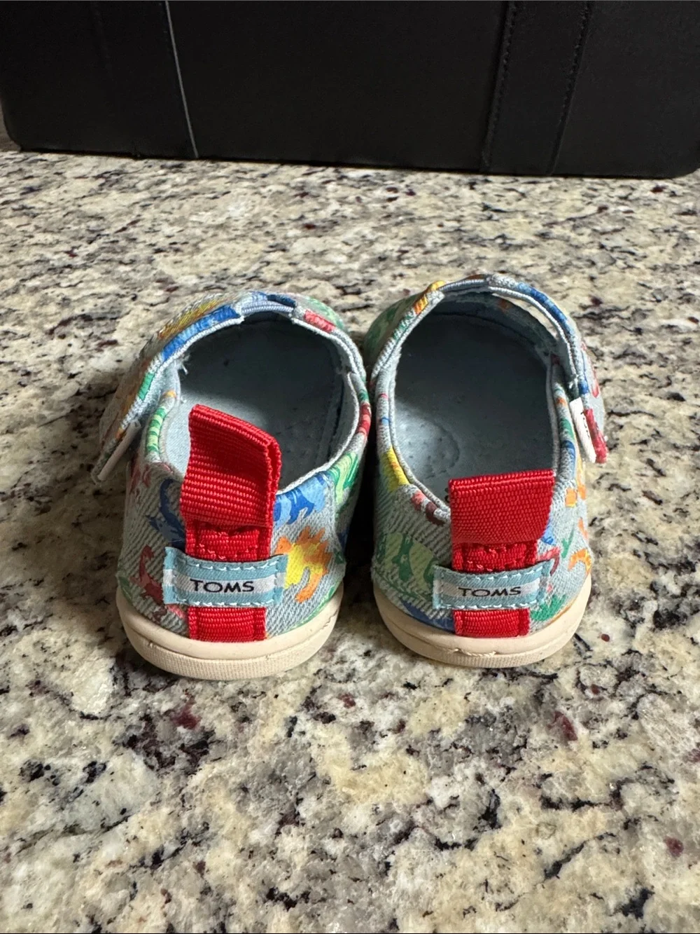 TOMS Baby Light Blue Slip-On Shoes with Multicolor Dino Print